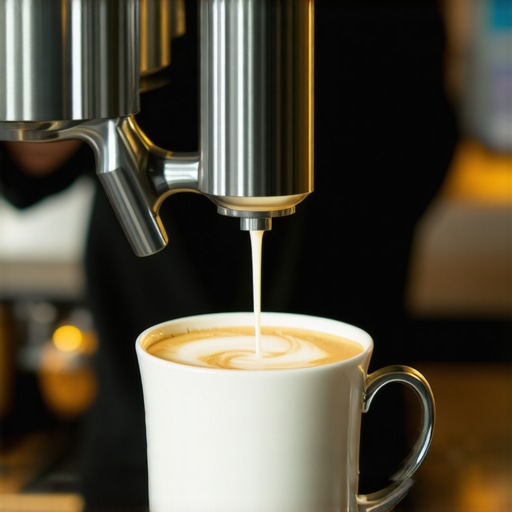 Professional barista creating microfoam with steam wand at a coffee shop