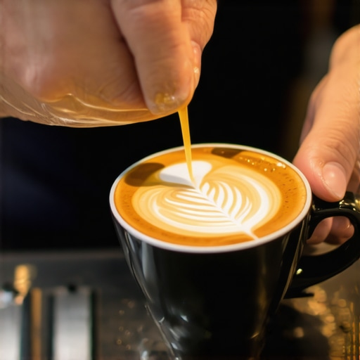 A barista pouring microfoam into a latte to create detailed latte art