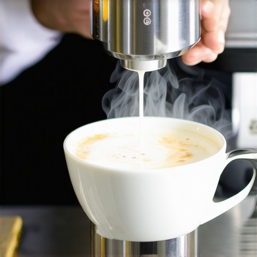 Barista creating microfoam with milk steamer for latte art