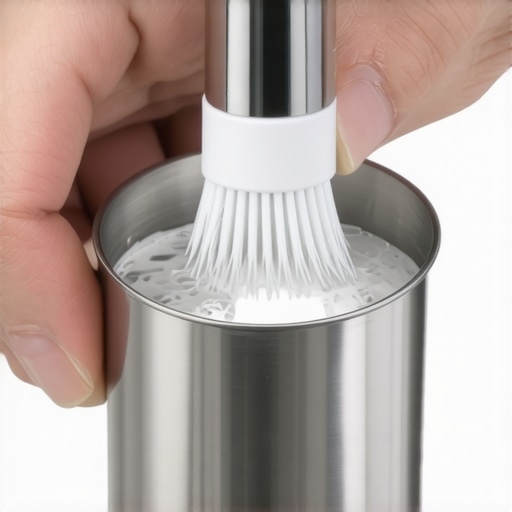 Person cleaning milk frother nozzle with brush to maintain microfoam quality