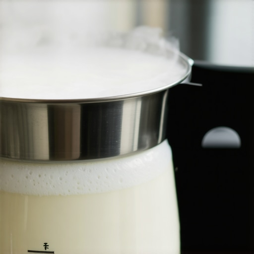 A close-up of a stainless steel milk thermometer clipped to a steaming pitcher, showing accurate temperature reading.