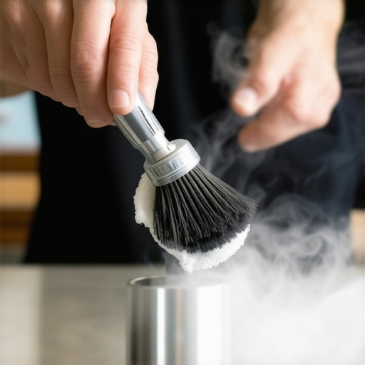 Barista cleaning steam wand with microfiber cloth and brush, close-up shot
