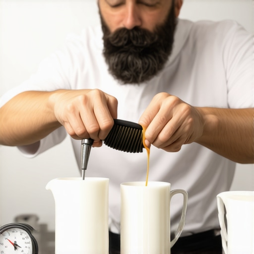 Barista cleaning steam wand with brush, close-up of milk pitchers and thermometer for maintenance.