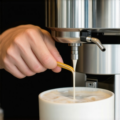 Barista creating silky microfoam with steam wand in a coffee shop setting.