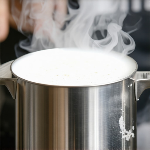 Close-up of steaming milk with microfoam in a stainless steel pitcher
