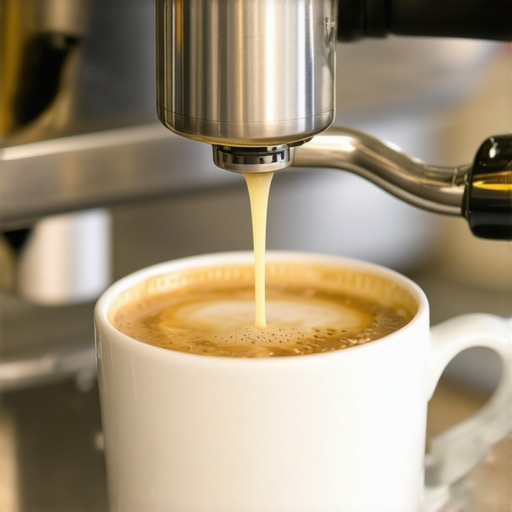 Barista steaming milk with a professional espresso machine, close-up