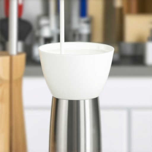 A collection of milk frother, cleaning brush, and thermometer on a coffee bar