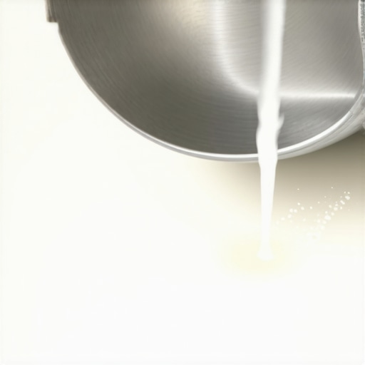 Close-up of milk frothing in a pitcher showing smooth microfoam and whirlpool motion.