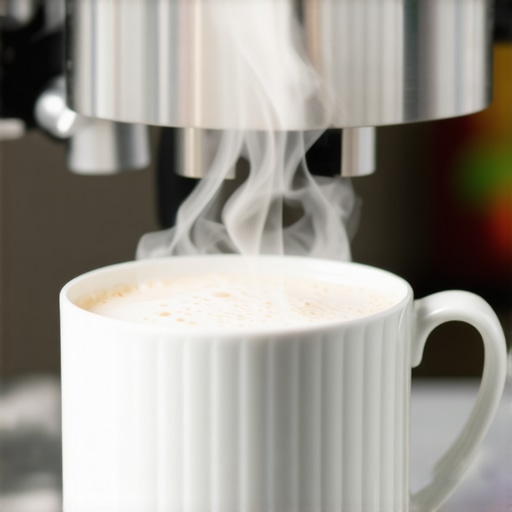 Close-up of steaming milk in a pitcher showing microbubble texture