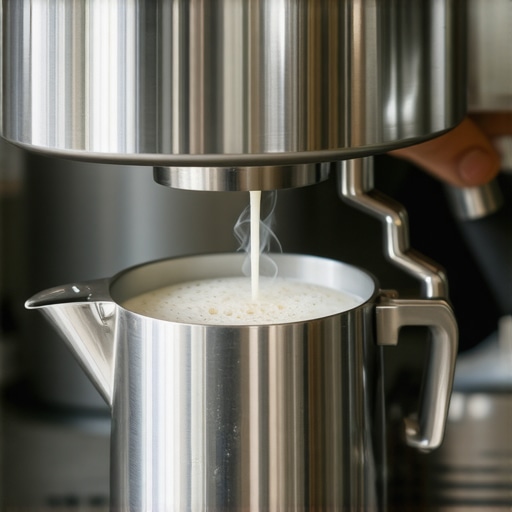 Close-up of milk steaming process highlighting pitcher angle and steam wand position for microfoam