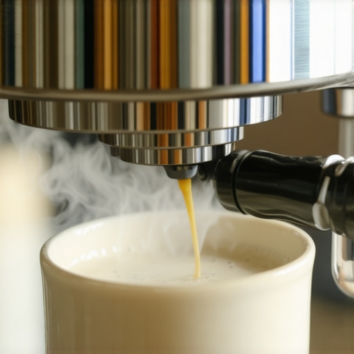 A close-up of a professional espresso machine steam wand steaming milk with microfoam in progress.