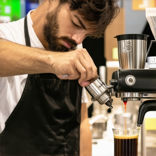 Barista cleaning a steam wand and using digital thermometer on milk pitcher for optimal frothing.