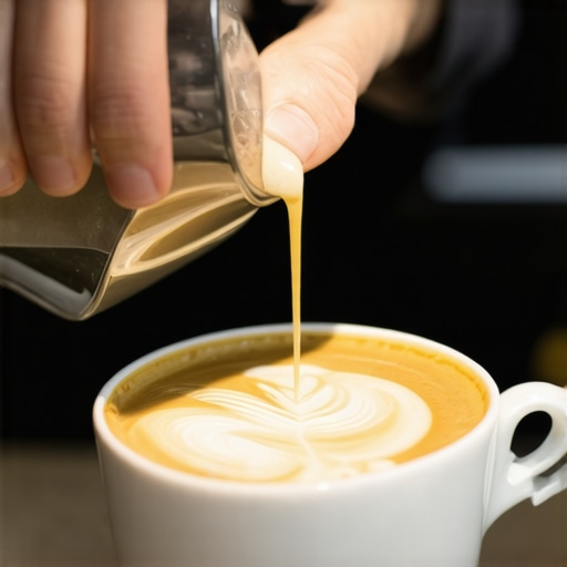 Barista demonstrating a stable and precise latte pour with microfoam