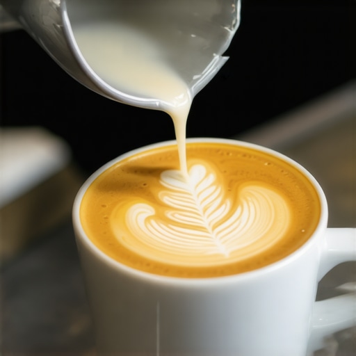 Barista pouring latte art with microfoam creating intricate patterns in a coffee cup.