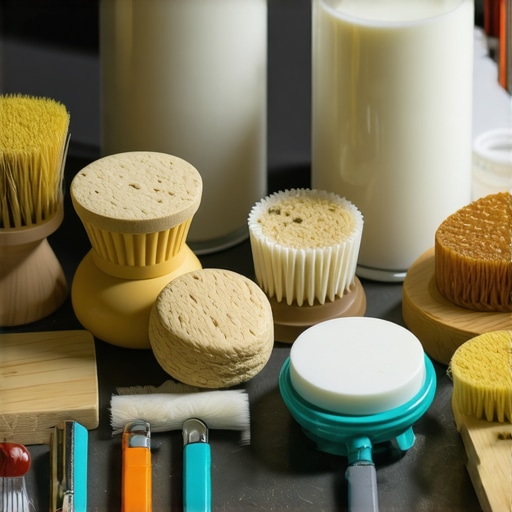 A set of specialized tools and brushes for maintaining milk frothers and steamers, arranged neatly on a workbench.
