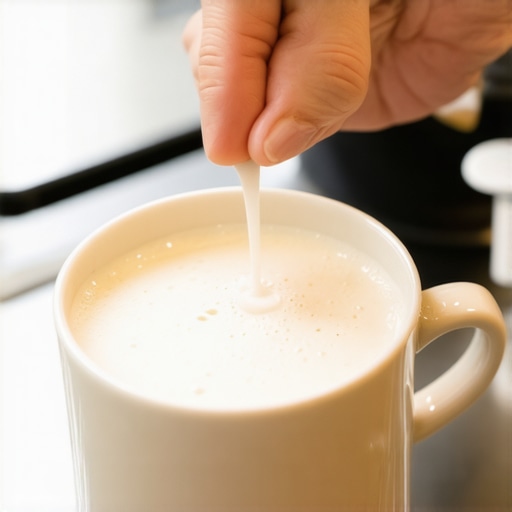 A barista steaming almond milk, showing glossy and dense microfoam suitable for latte art.