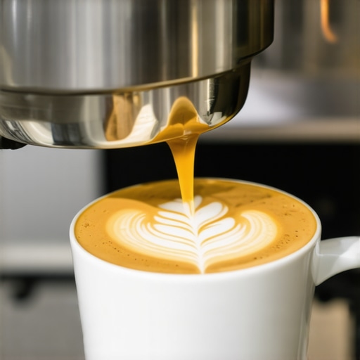 A barista pouring intricate latte art into a cup of coffee with steaming microfoam