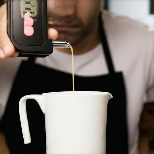 Barista measuring milk temperature with a digital thermometer during steaming process