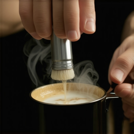 A barista cleaning a milk steam wand with a small brush, emphasizing equipment care for perfect microfoam