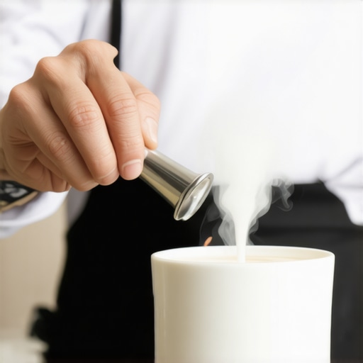 Barista steaming milk with a wand, creating velvety microfoam for latte art.