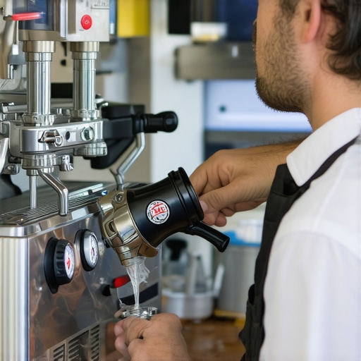 Close-up of barista's hand tightening steam wand on espresso machine with pressure gauge