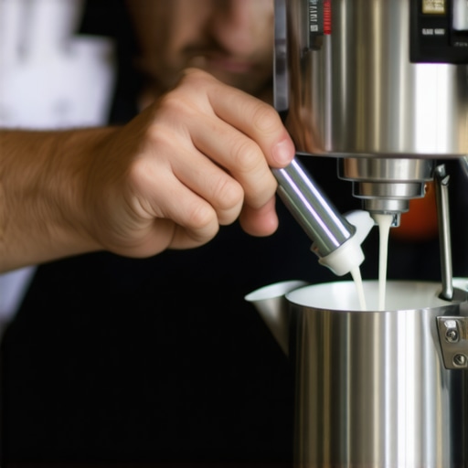 Barista measuring milk temperature with a thermometer while steaming milk in a stainless steel pitcher.