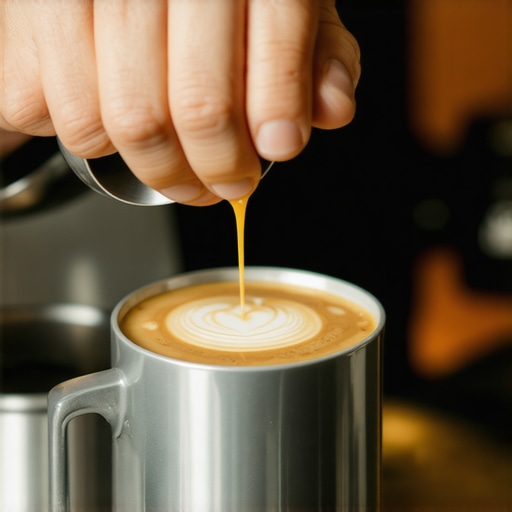 Perfect Hand Position for Latte Art Barista adjusting pitcher angle to control microfoam flow during latte art