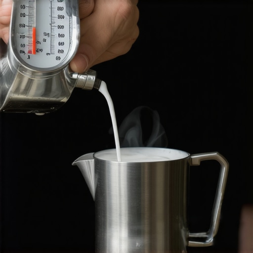 Steam wand steaming milk at 145°F with a thermometer, focusing on microfoam formation in a professional coffee setting.