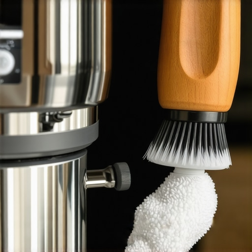 A barista carefully cleaning a milk steam wand with a brush and cloth ensuring optimal performance.