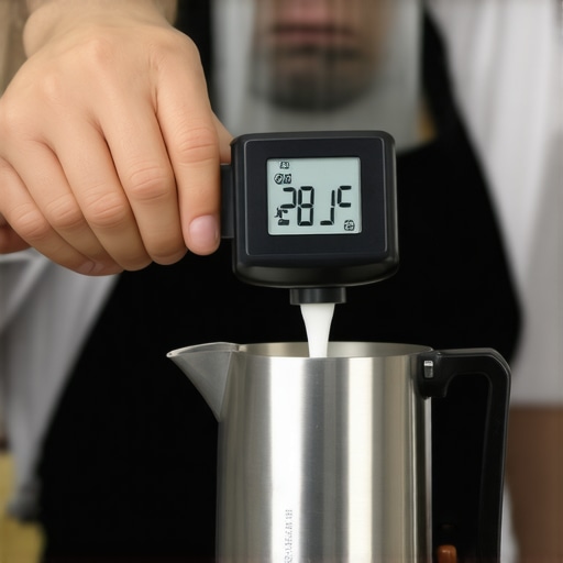 Barista checking milk temperature with a digital thermometer while steaming milk.