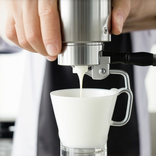 Proper maintenance of milk steamer and frother Barista cleaning and maintaining a milk steamer with specialized tools, ensuring microfoam quality.