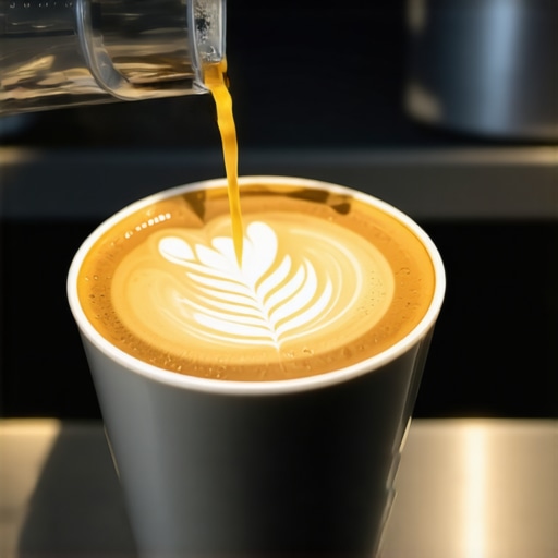 Latte art pouring technique A barista carefully pouring microfoam to create latte art with precise wrist control