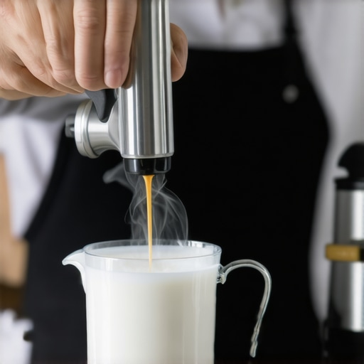 Barista frothing milk with induction steamer for latte art